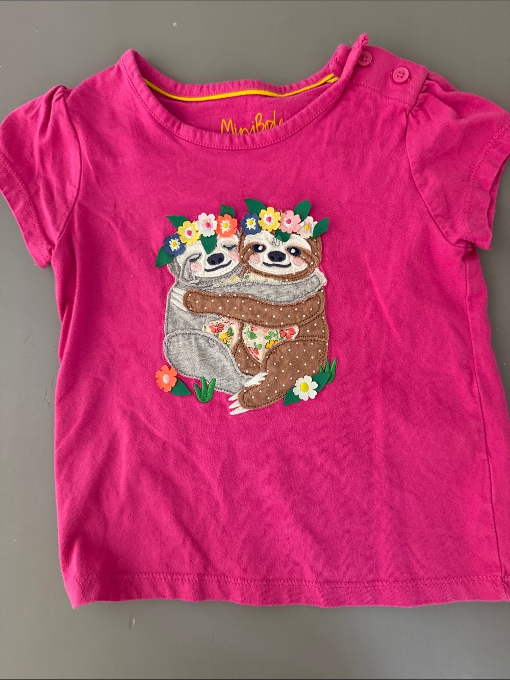 Mini Boden Bright Pink Short-Sleeve Tee with Sloth Embroidery